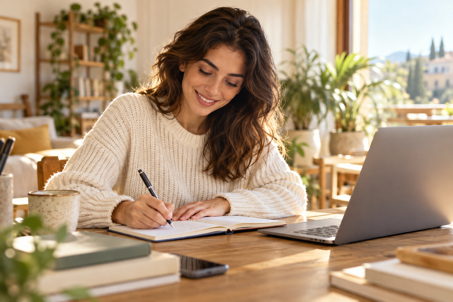 Studentessa impegnata nello studio con quaderno e computer